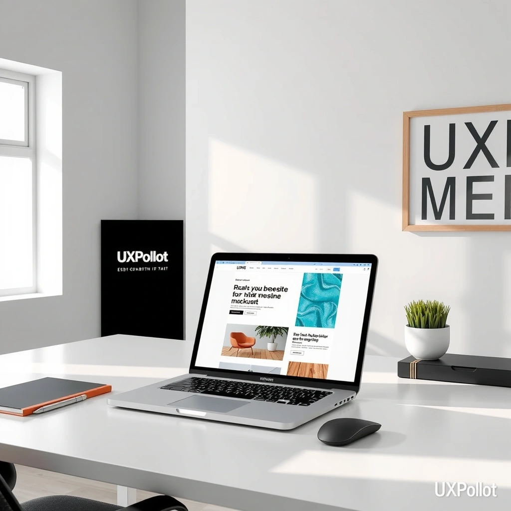 Modern web design workspace with laptop showing design mockups